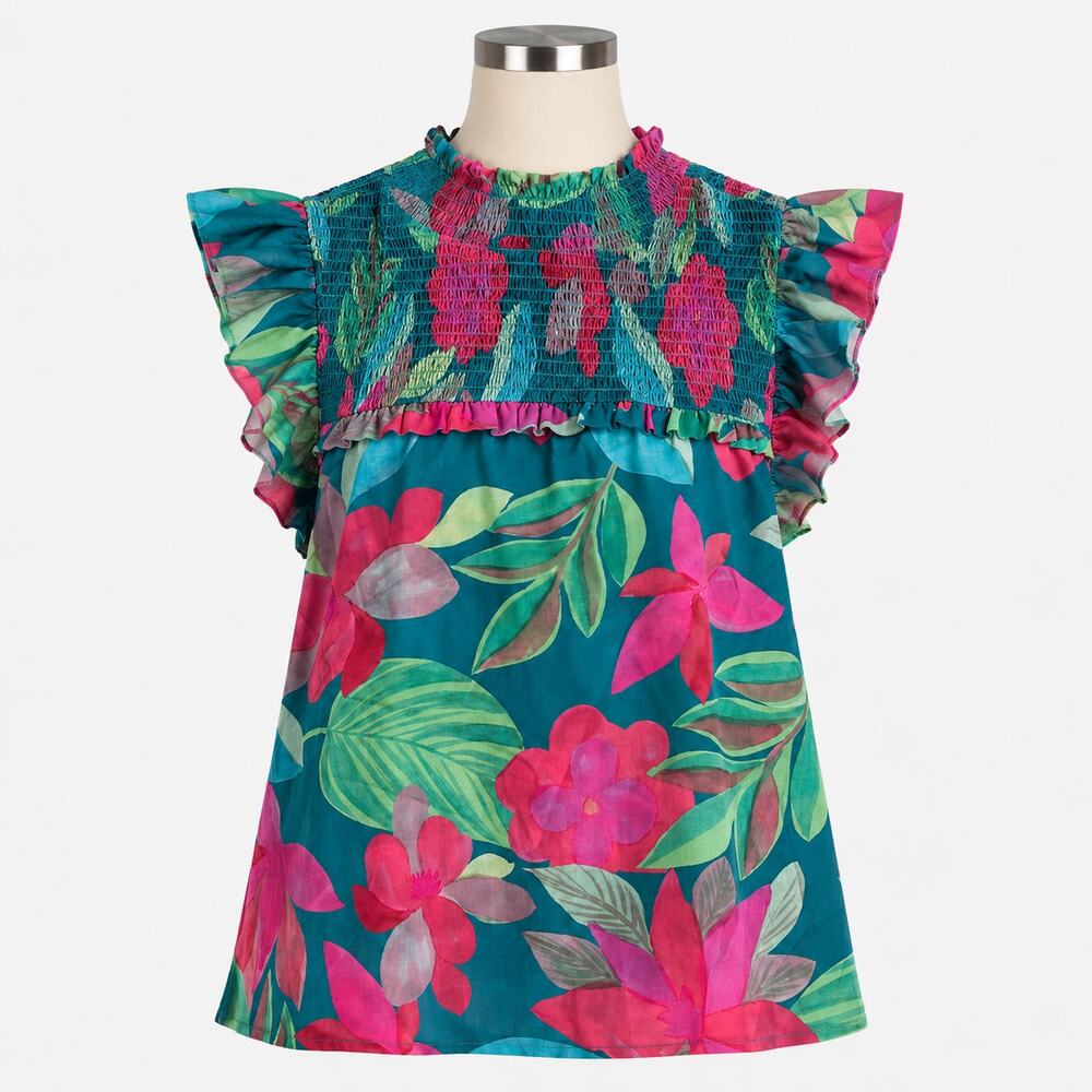 THML Walker Floral Smocked Top Women's Small Tropical Flutter Sleeve Blouse NWT